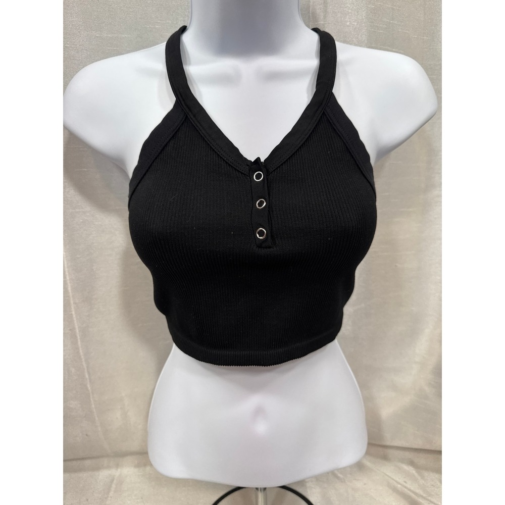 FP Movement Free People Black Ribbed Henley Halter Crop Top OB1118182 Womens L